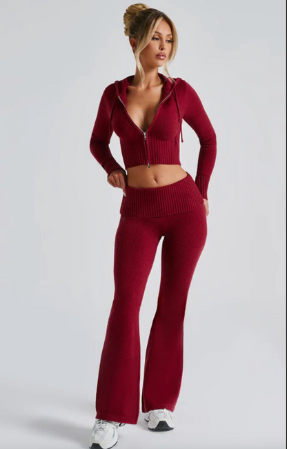 Women Fall 2 Piece Outfits Ribbed Knit Slim Fit Long Sleeve Zip up Crop Jacket Skinny Flare Pants Loungewear Sets